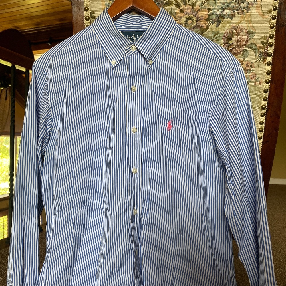Men's Striped Button-Up Dress Shirt. Ralph Lauren. Size Medium.